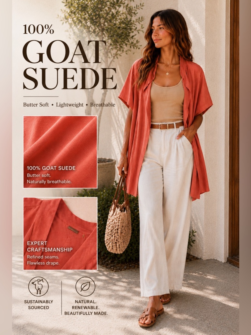 Elie Tahari 100% Goat Suede Coral Open Front Kimono Jacket Topper M/L
